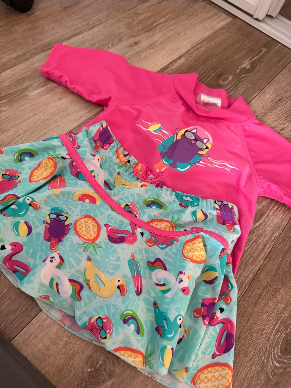 Skin Kids Hot Pink Rash Guard One-Piece with Aqua Patterned Skirt - Picture 4 of 4